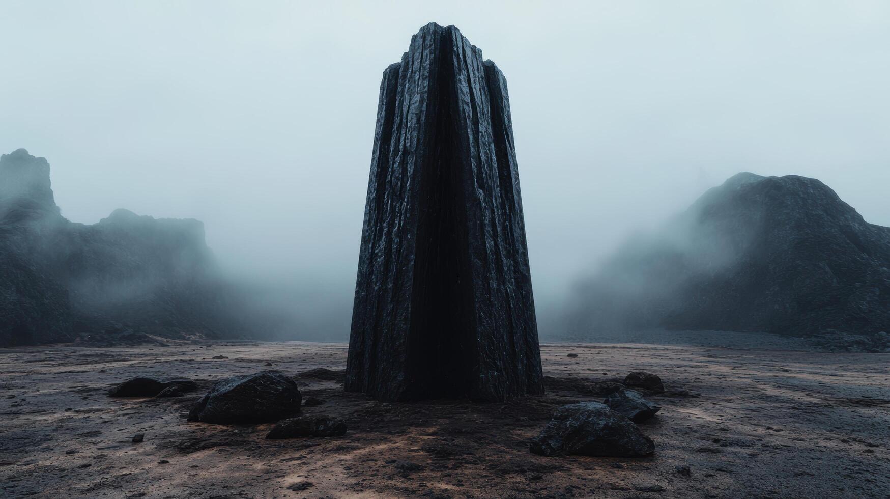 Mysterious monolith in misty landscape photo