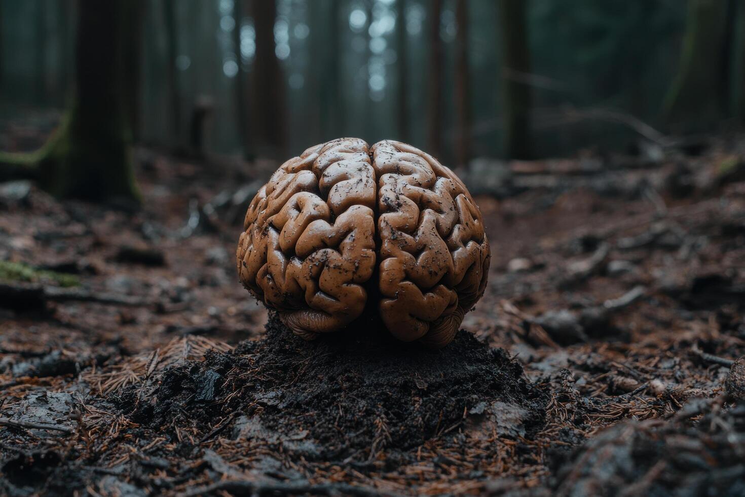 Close up of a human brain model in a forest setting photo