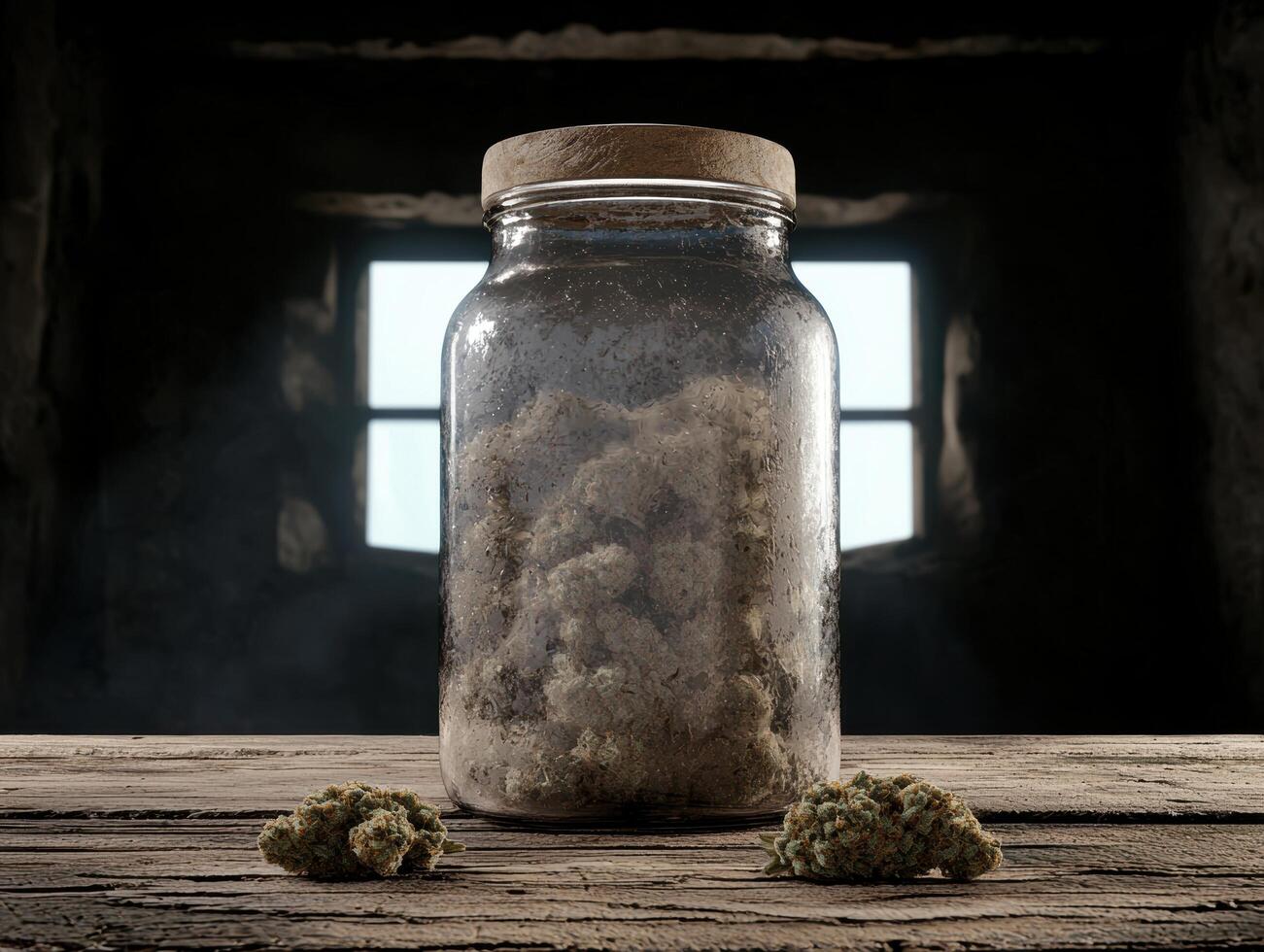 dried cannabis buds in glass jar on wooden table photo