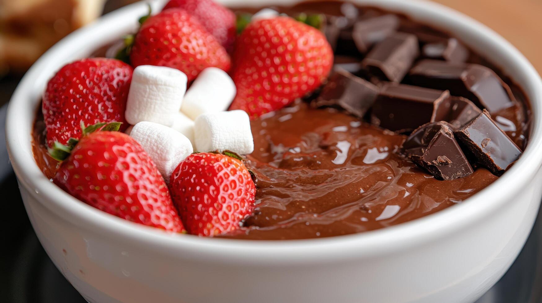 Chocolate fondue with fresh strawberries and marshmallows photo