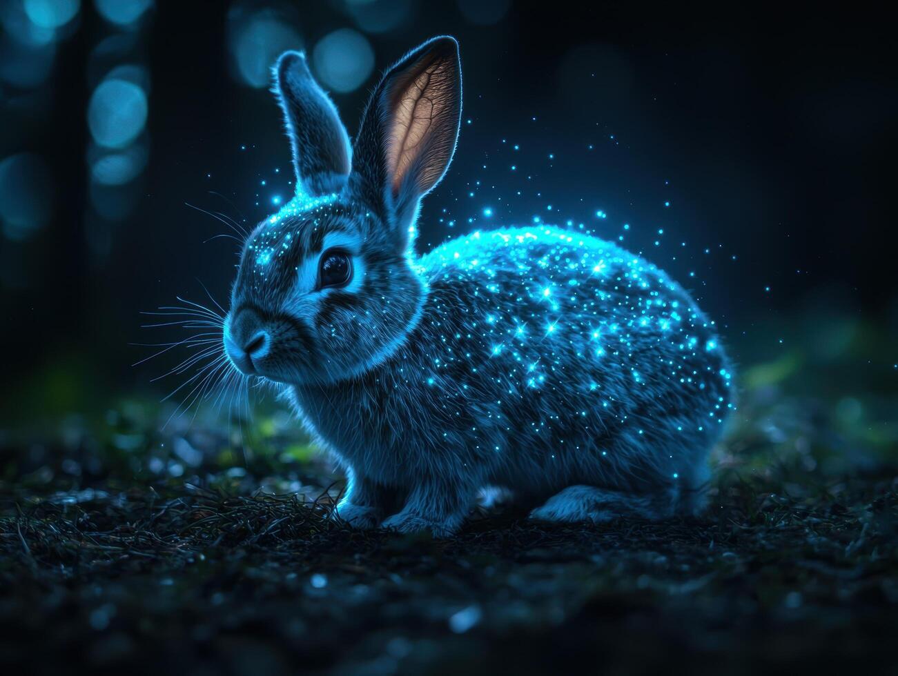 magical glowing rabbit in the dark forest photo