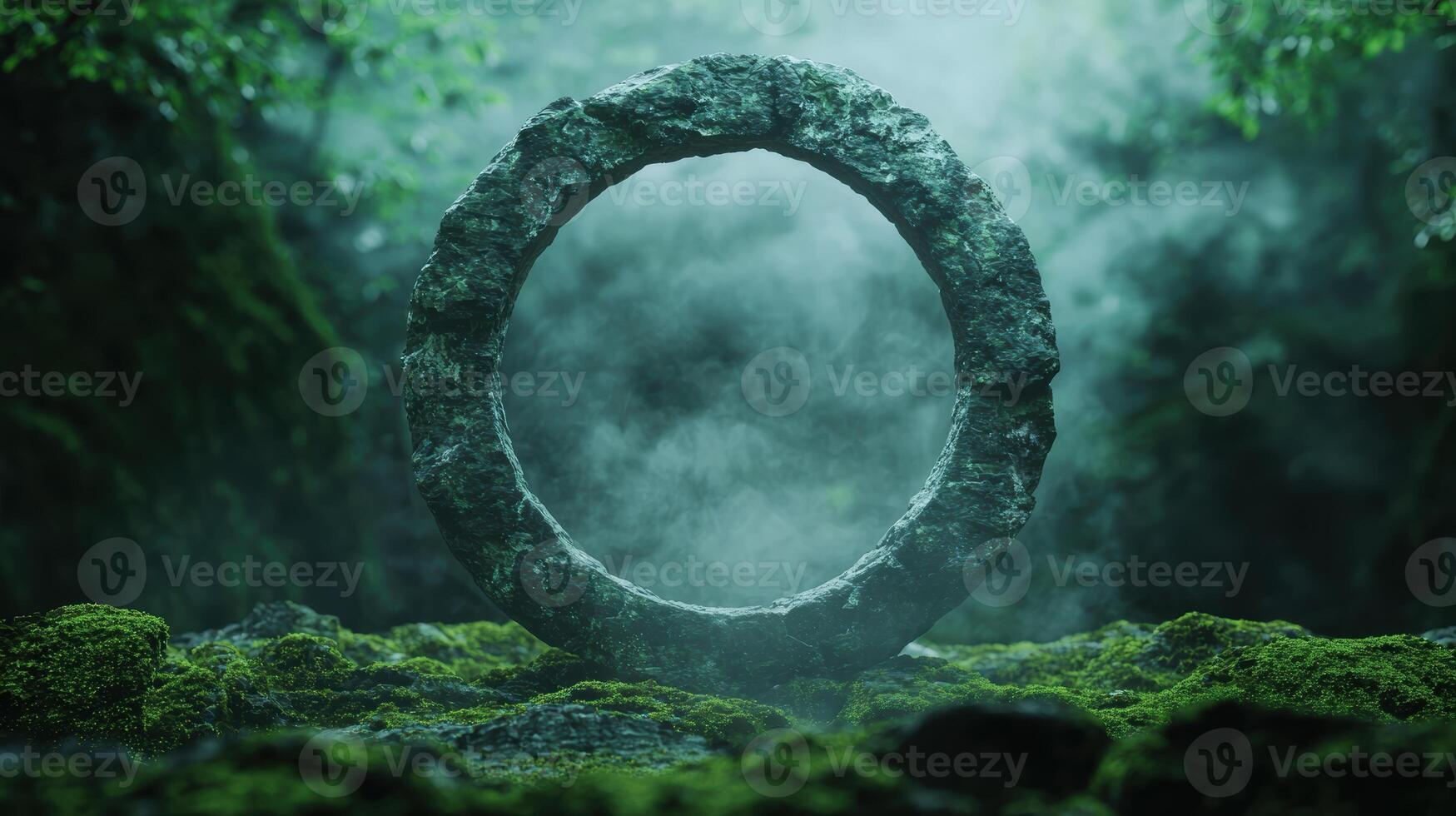 Mysterious stone archway in misty forest photo