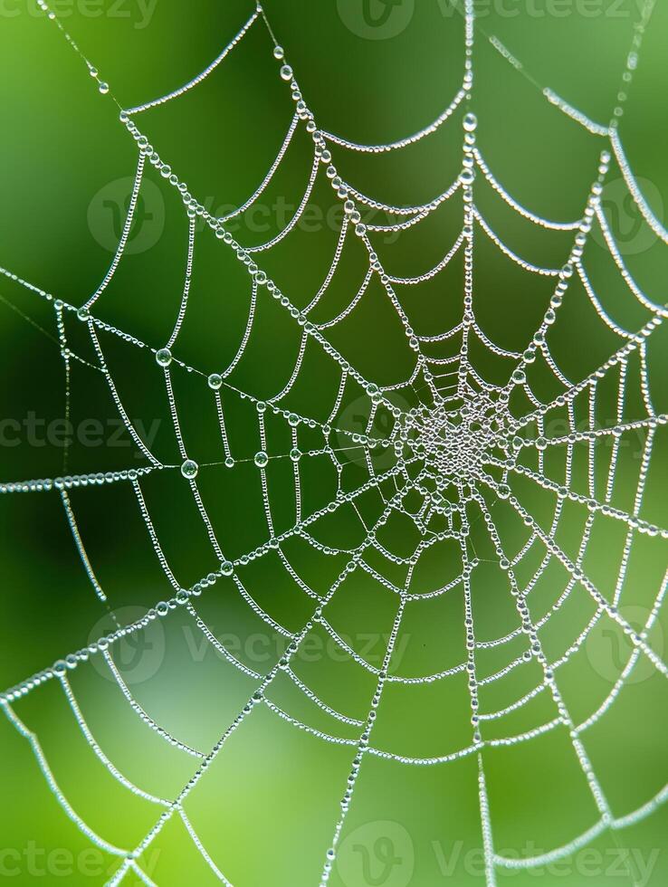 Intricate spider web covered in dew drops photo