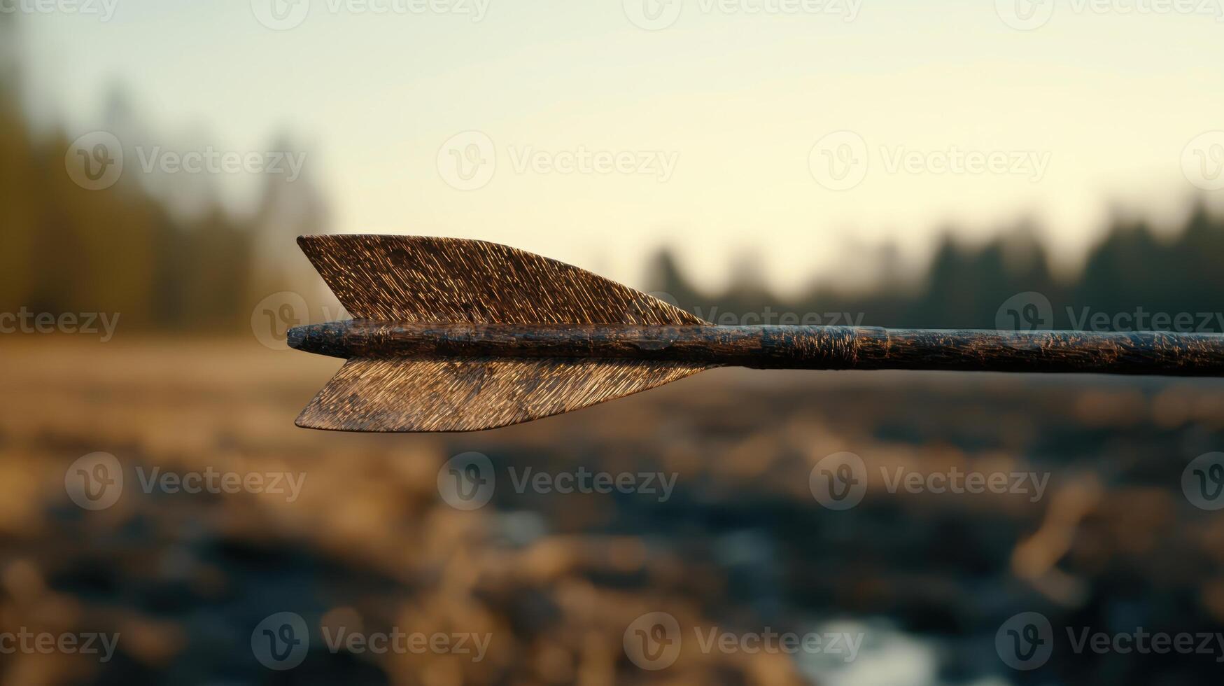 Wooden arrow floating on water photo