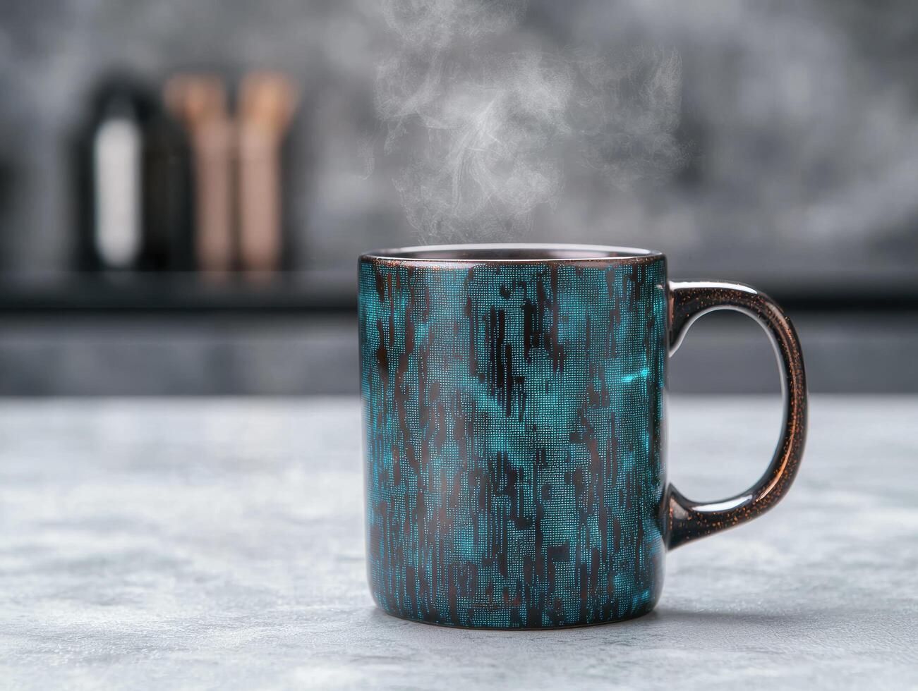 steaming hot coffee mug with abstract pattern photo