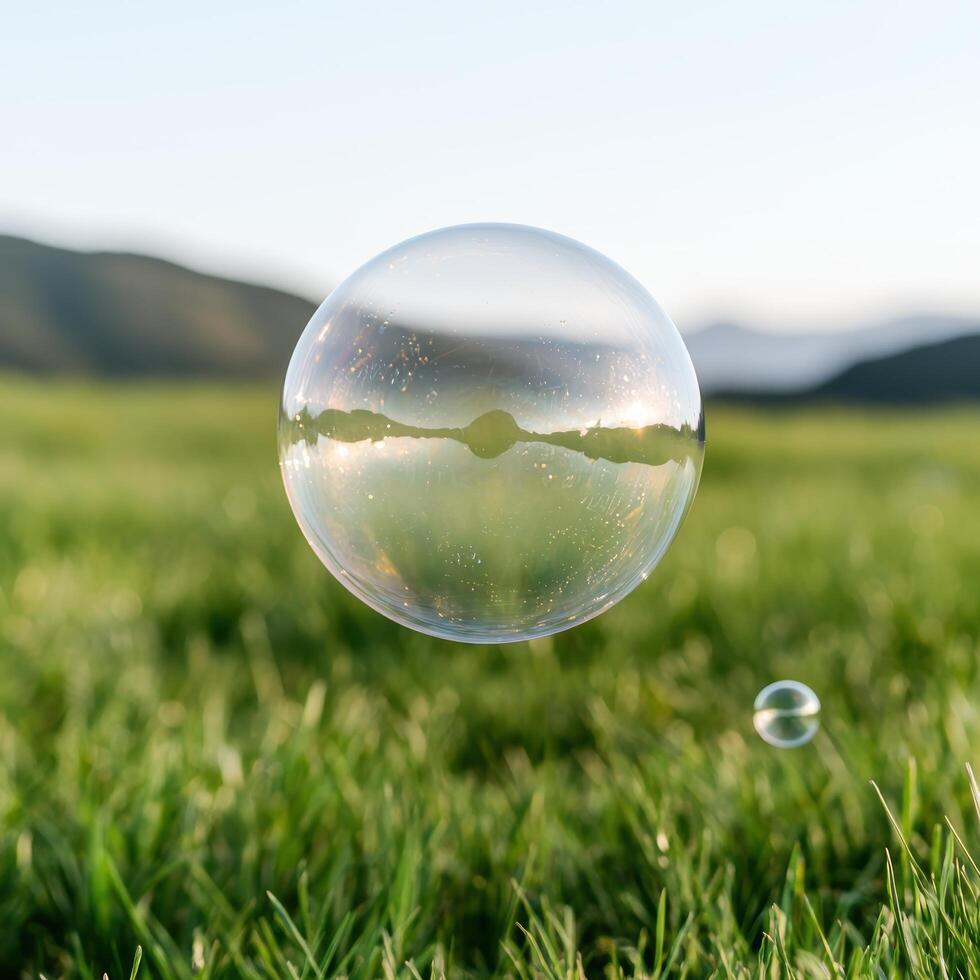 Serene landscape reflected in glass sphere photo