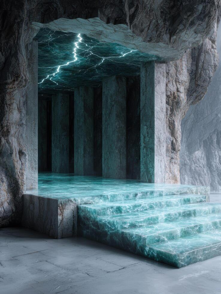 Dramatic underground cave with glowing turquoise water and stairs photo
