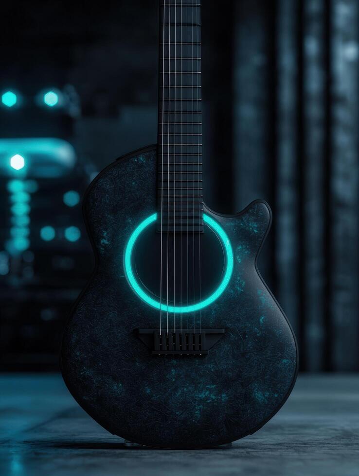 Glowing acoustic guitar in dark environment photo