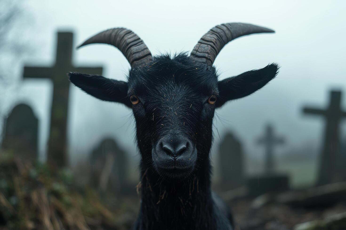 Mysterious black goat with horns in a graveyard photo