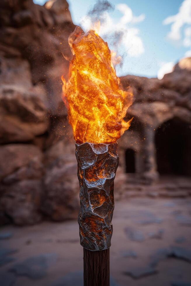 Burning wooden torch with flames and smoke photo