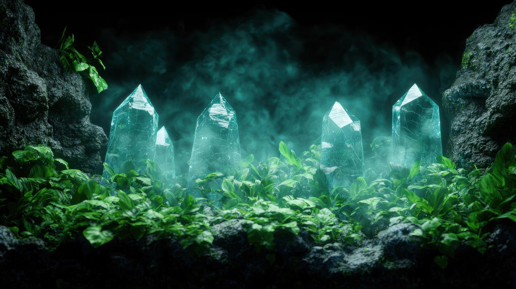 Mystical crystal cave in lush forest photo