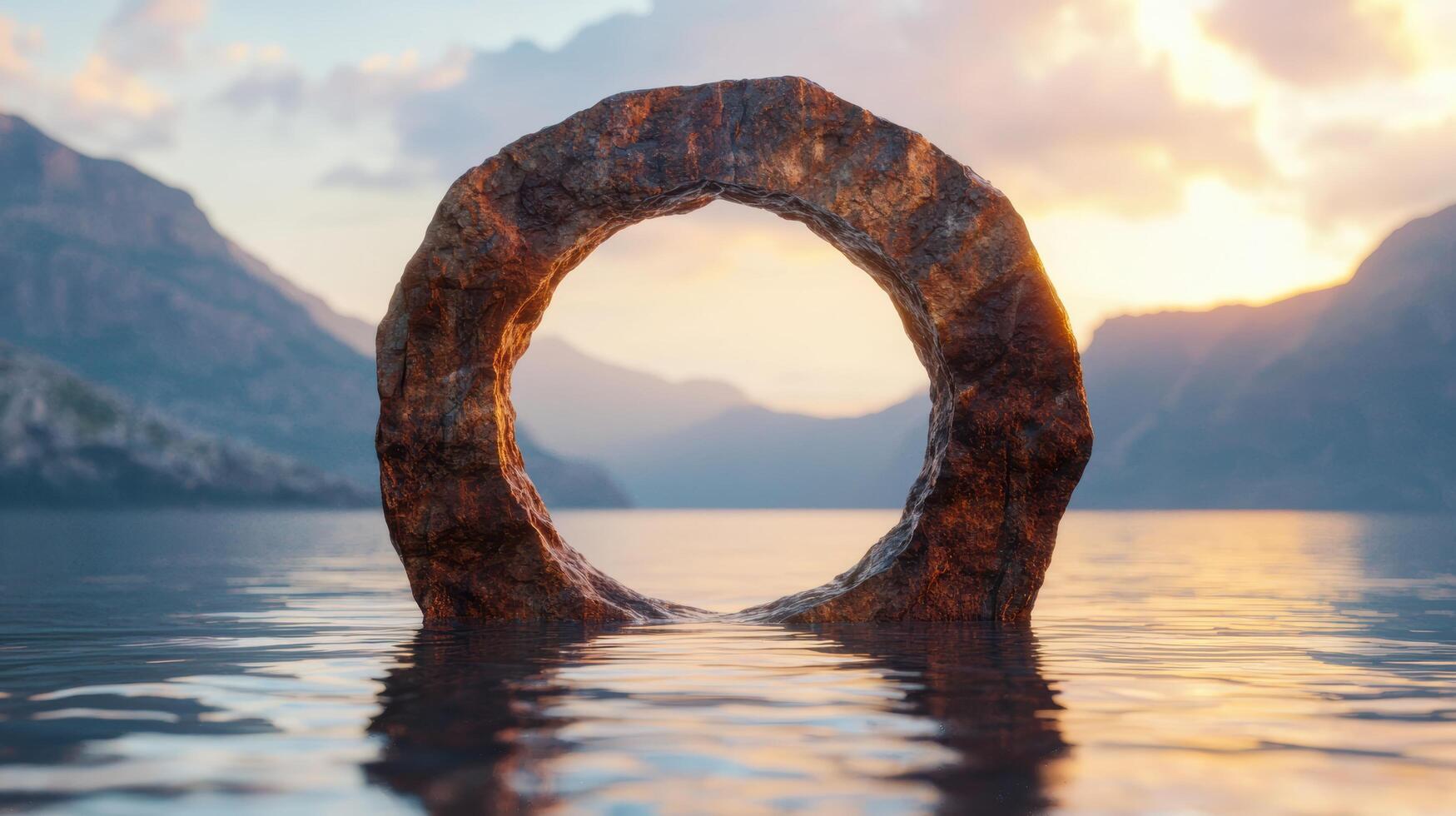 Majestic stone arch in serene lake at sunset photo