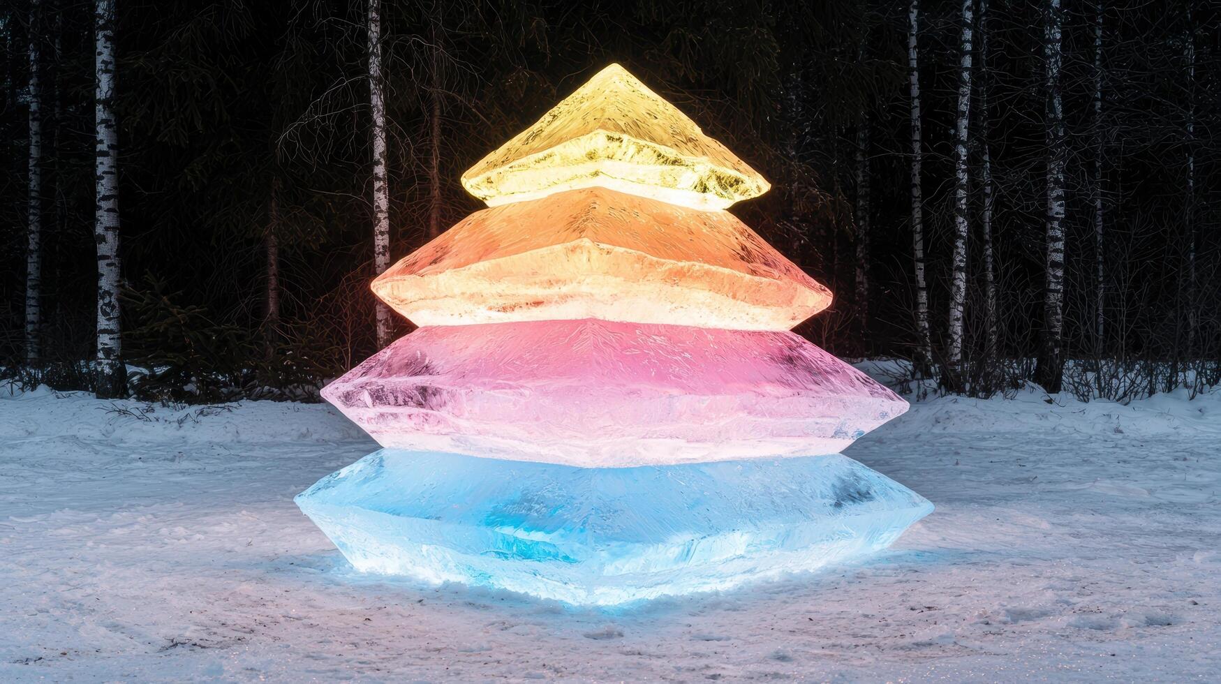 Colorful illuminated ice sculpture in snowy forest photo