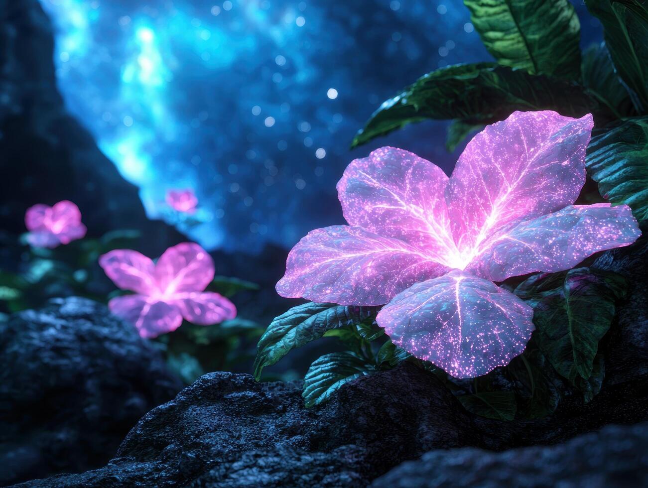 glowing tropical flowers in the night photo