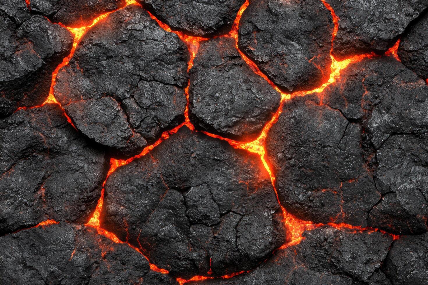 Glowing molten lava flowing through cracks in volcanic rock photo