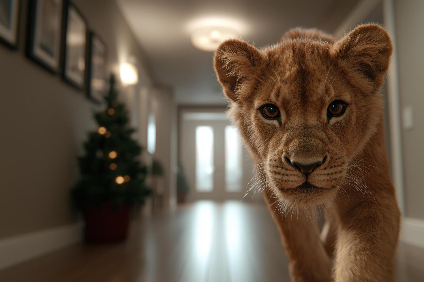 Curious lion cub in cozy home interior photo