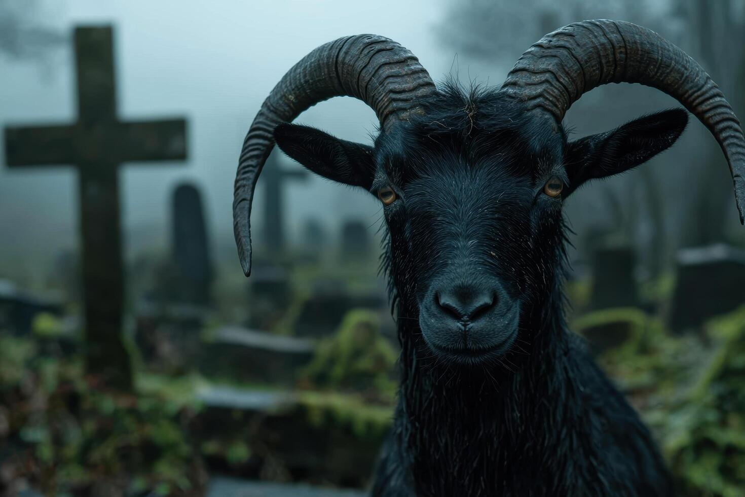 Mysterious dark goat with horns in a graveyard photo