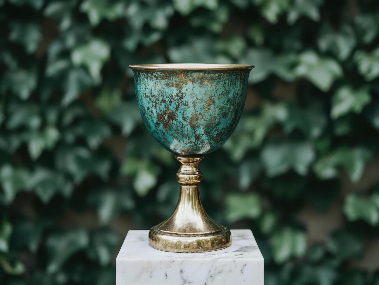 antique bronze and turquoise chalice on marble pedestal photo