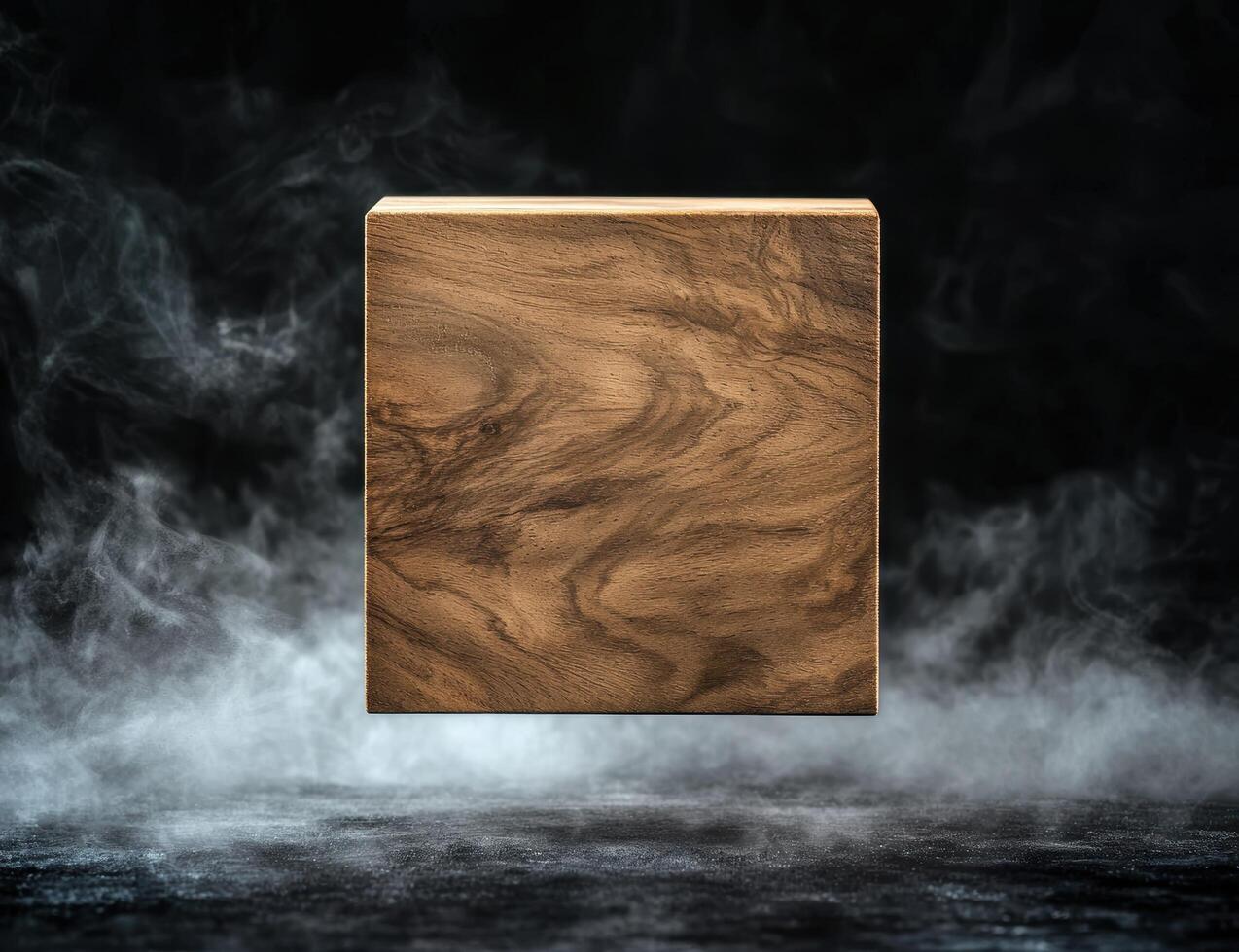 Wooden cube floating in smoky atmosphere photo