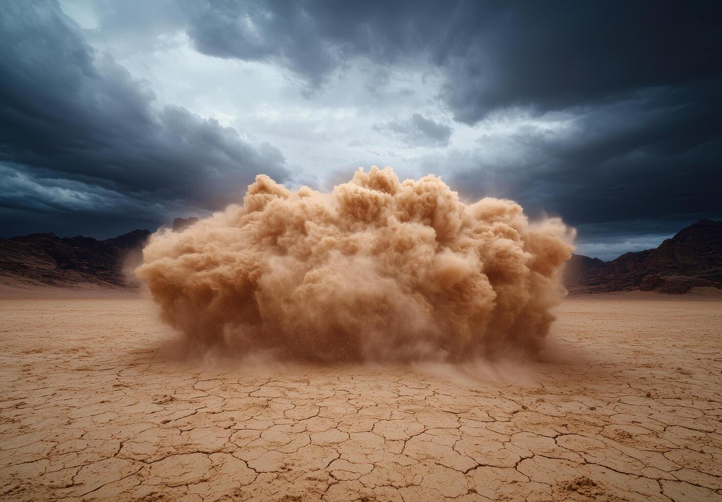 Dramatic dust storm in desert landscape photo