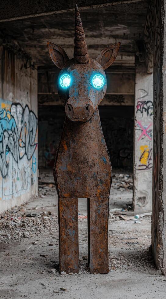 Glowing eyes of an old metal unicorn sculpture in an abandoned building photo