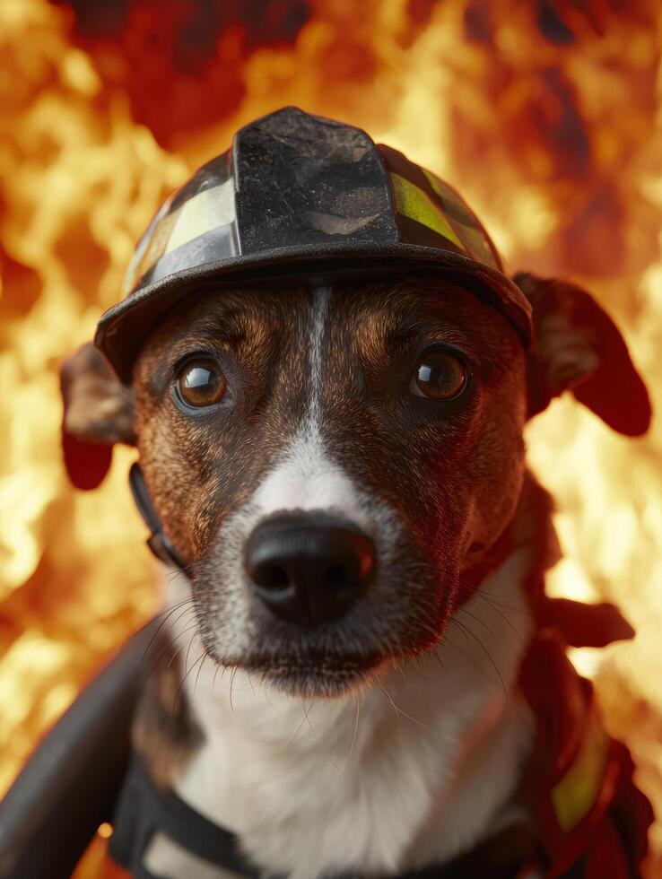 Adorable dog wearing firefighter helmet in autumn leaves photo