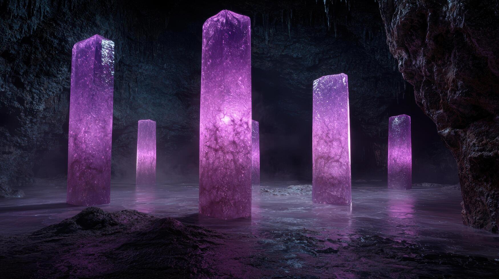 Glowing purple crystals in a dark cave photo