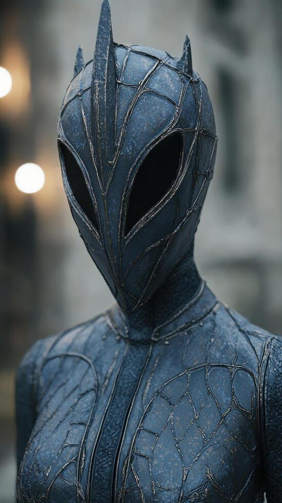 Detailed close up of a dark, futuristic helmet with intricate patterns photo
