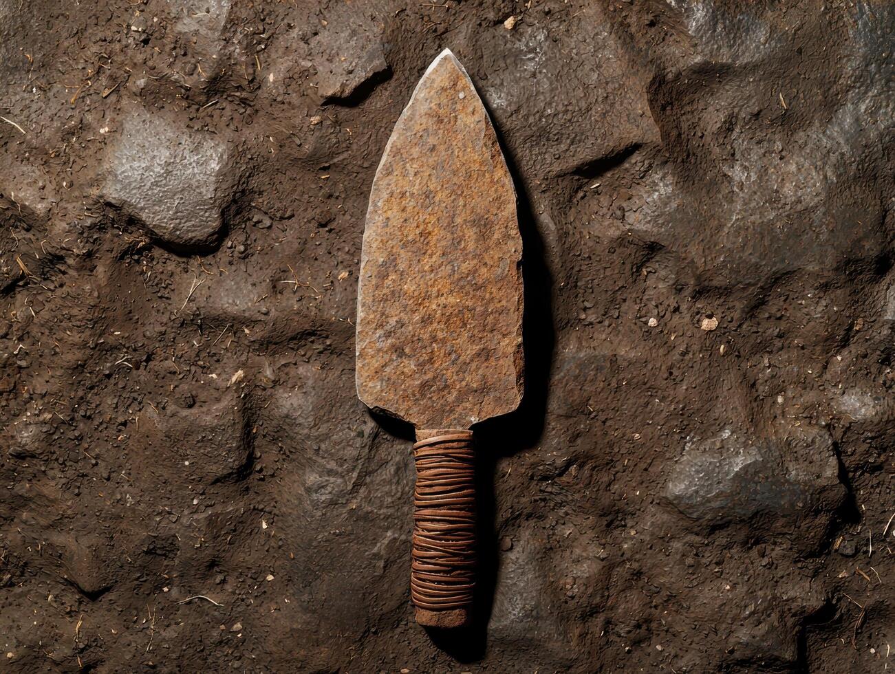 ancient stone tool on dirt background photo