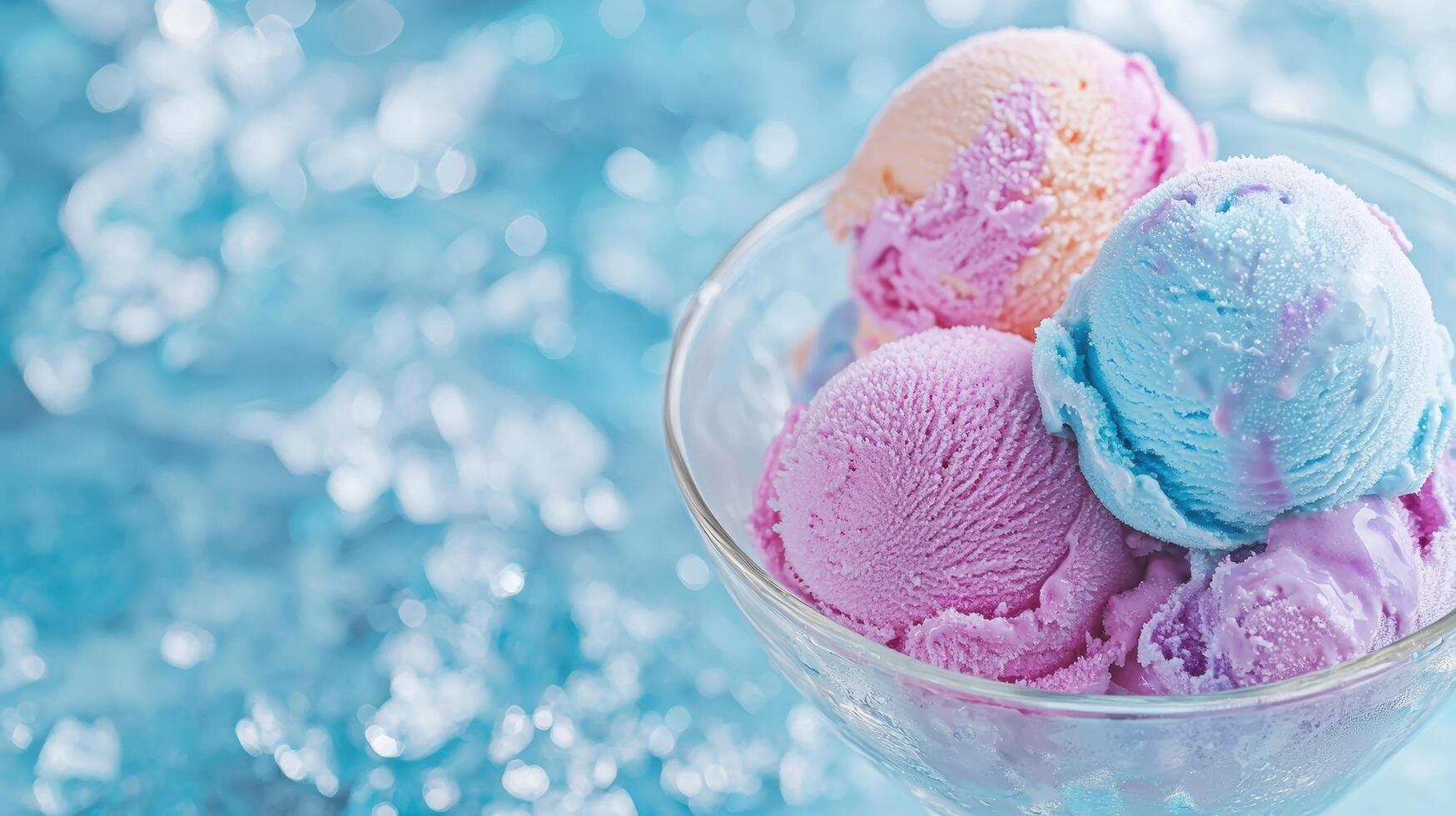 Colorful ice cream scoops in a glass bowl photo