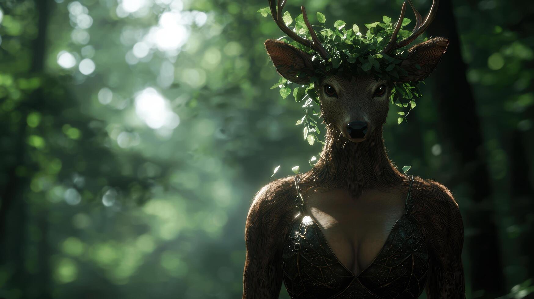 mystical forest creature with antlers and floral crown photo