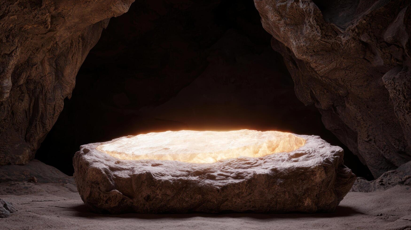 Glowing cave entrance in a rocky mountain landscape photo