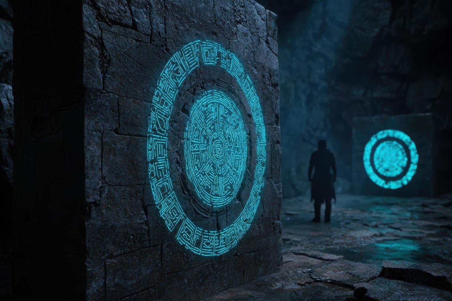 Mysterious glowing portal in ancient stone ruins photo