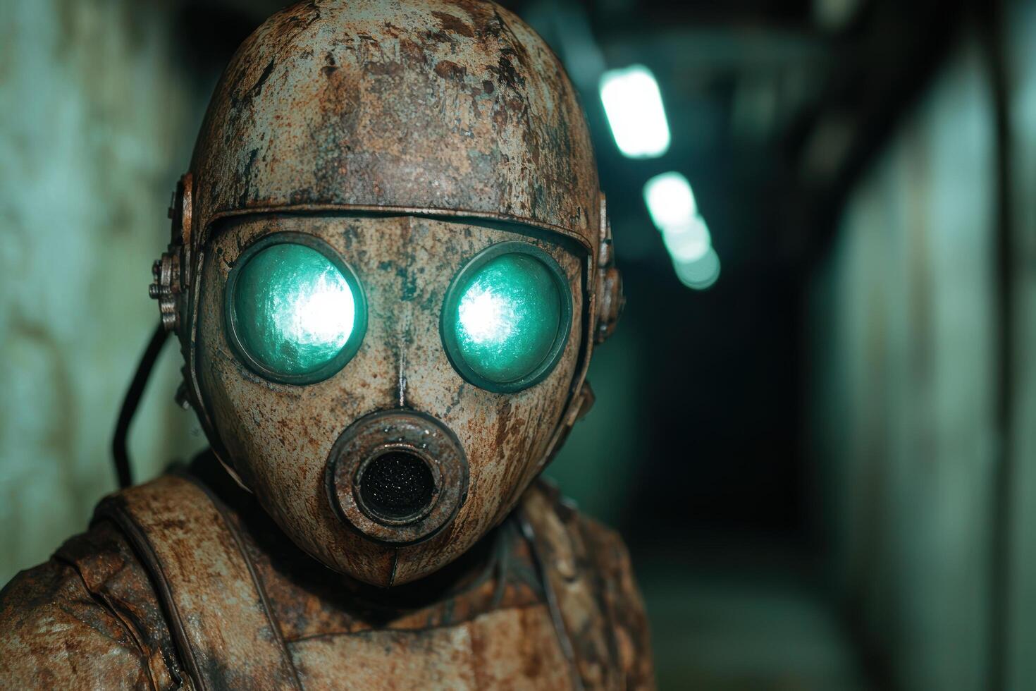 Vintage gas mask with glowing green eyes photo