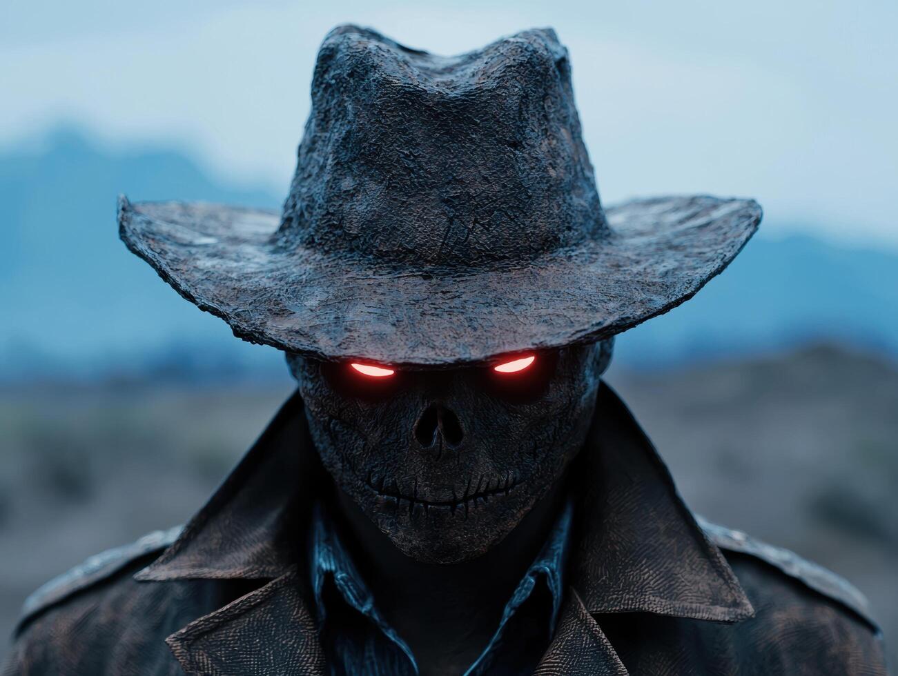 Mysterious dark figure with glowing red eyes photo