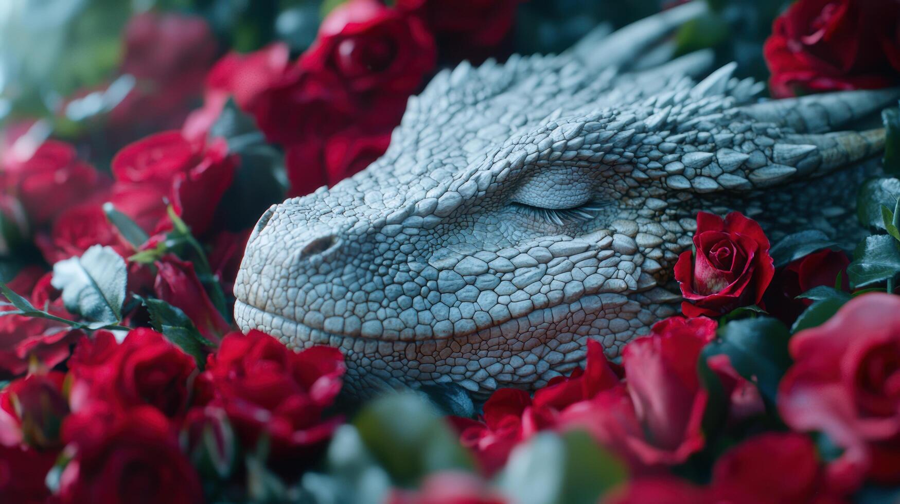 close up of a dragons head surrounded by red roses photo