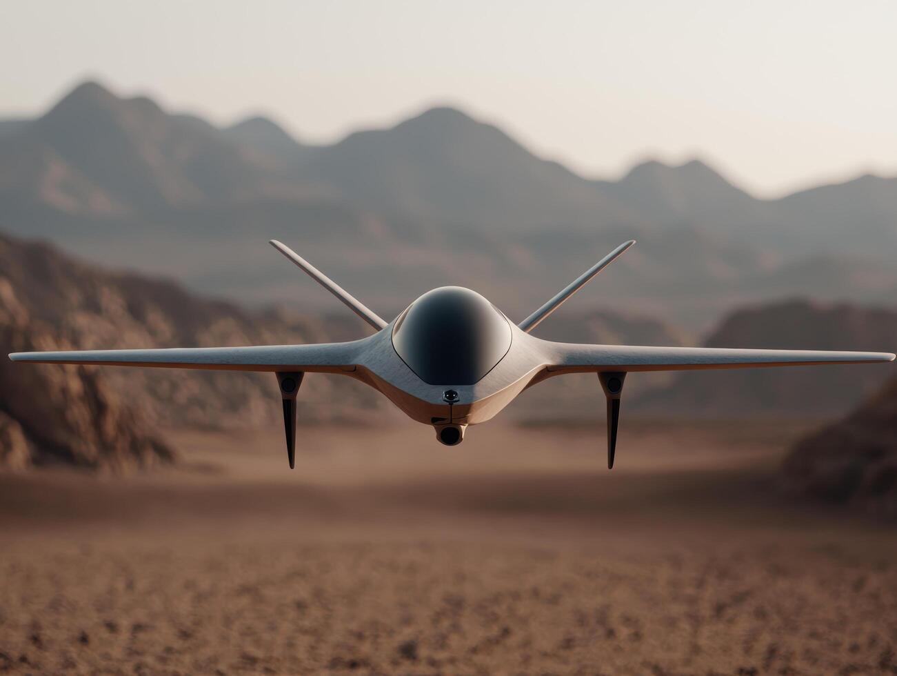futuristic drone flying over desert landscape photo