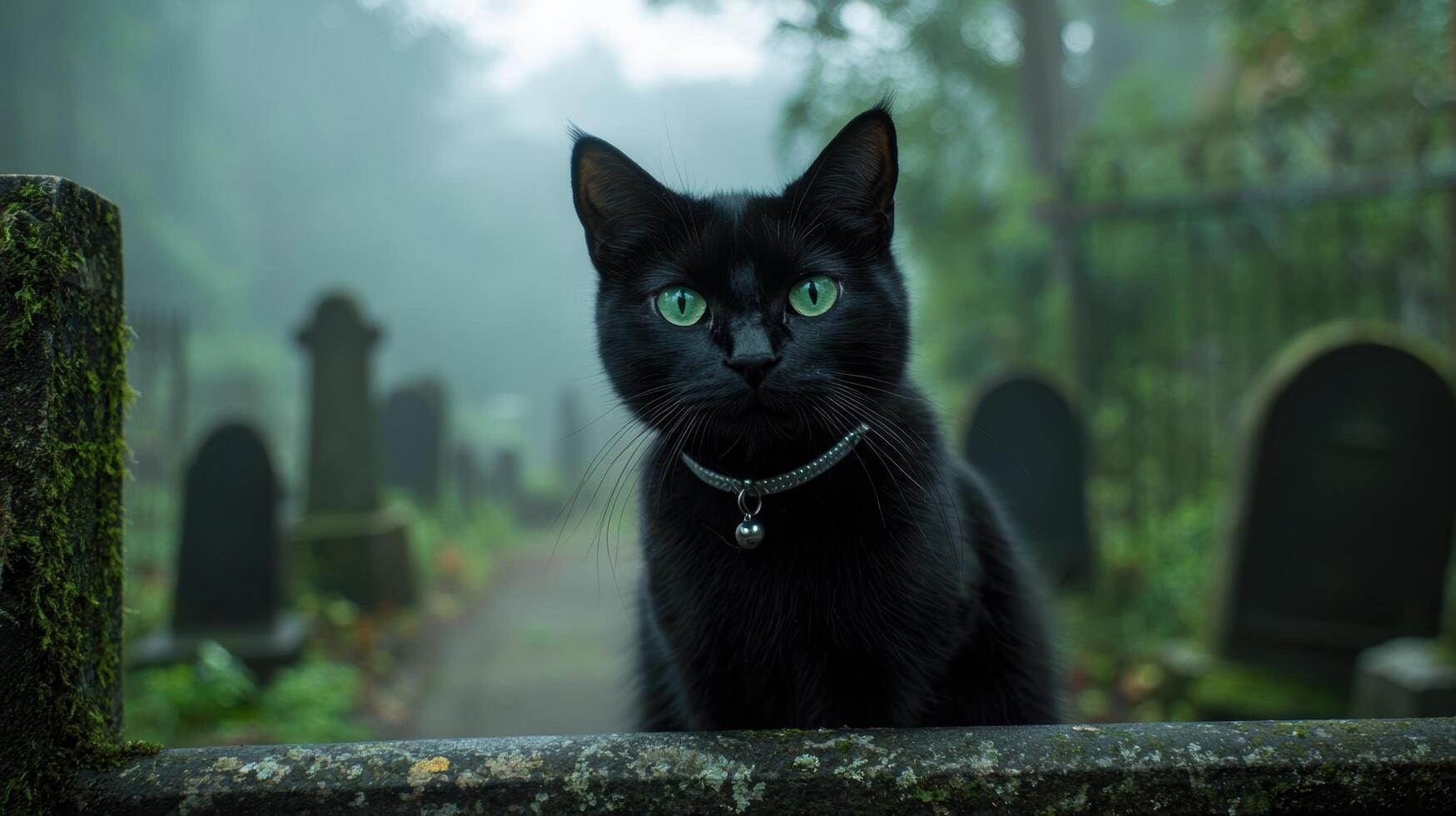 Mysterious black cat in a haunting forest setting photo