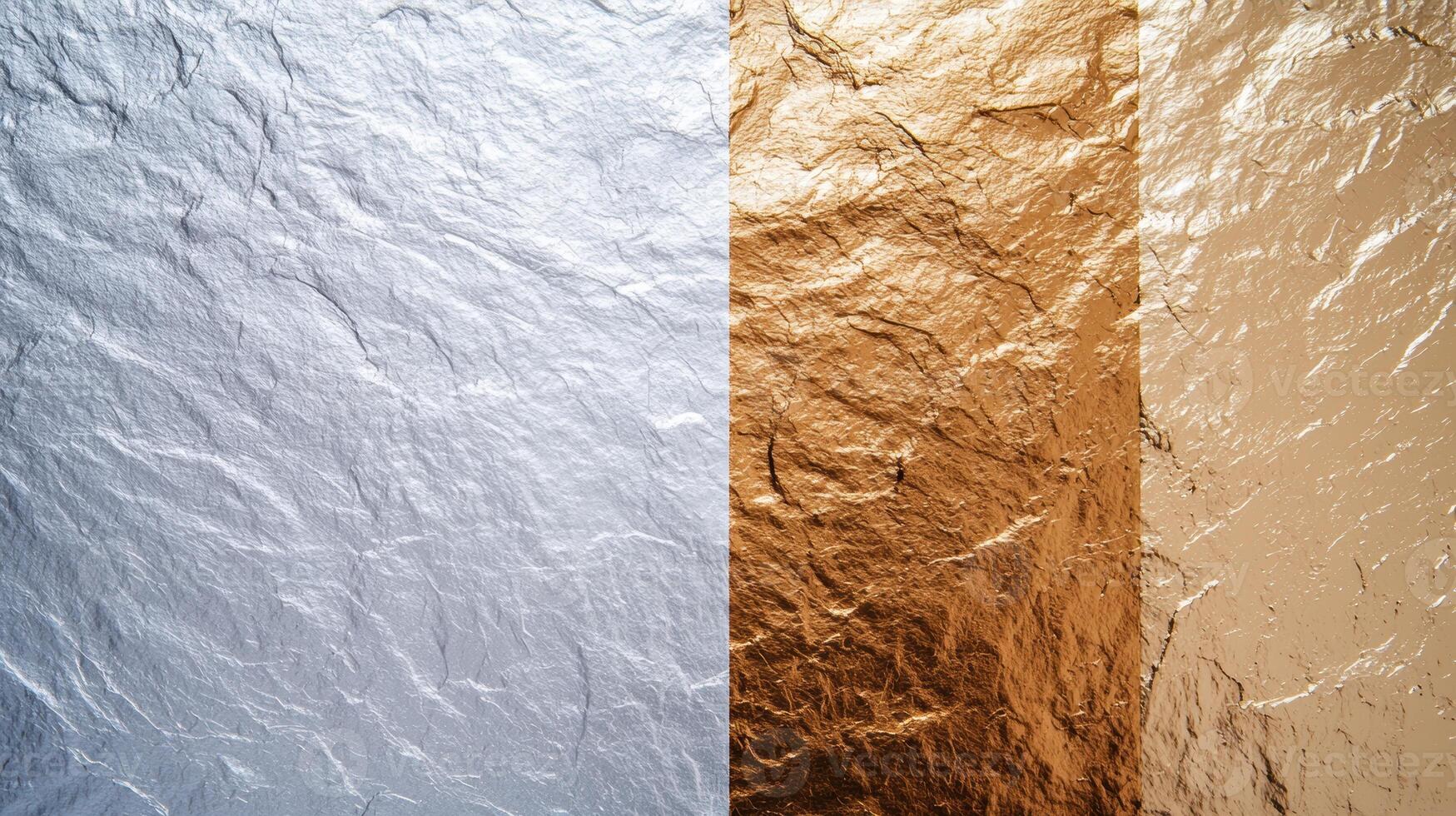 Contrasting textures of crumpled silver foil and shimmering gold leaf photo