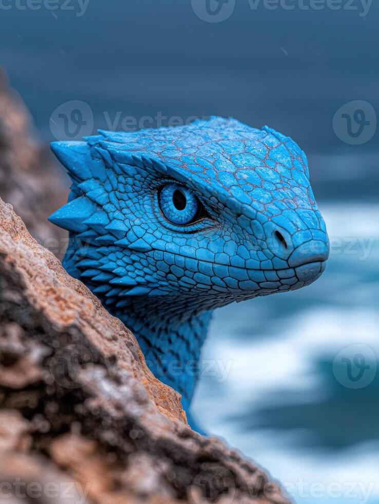Vibrant blue dragon lizard on rocky cliff photo