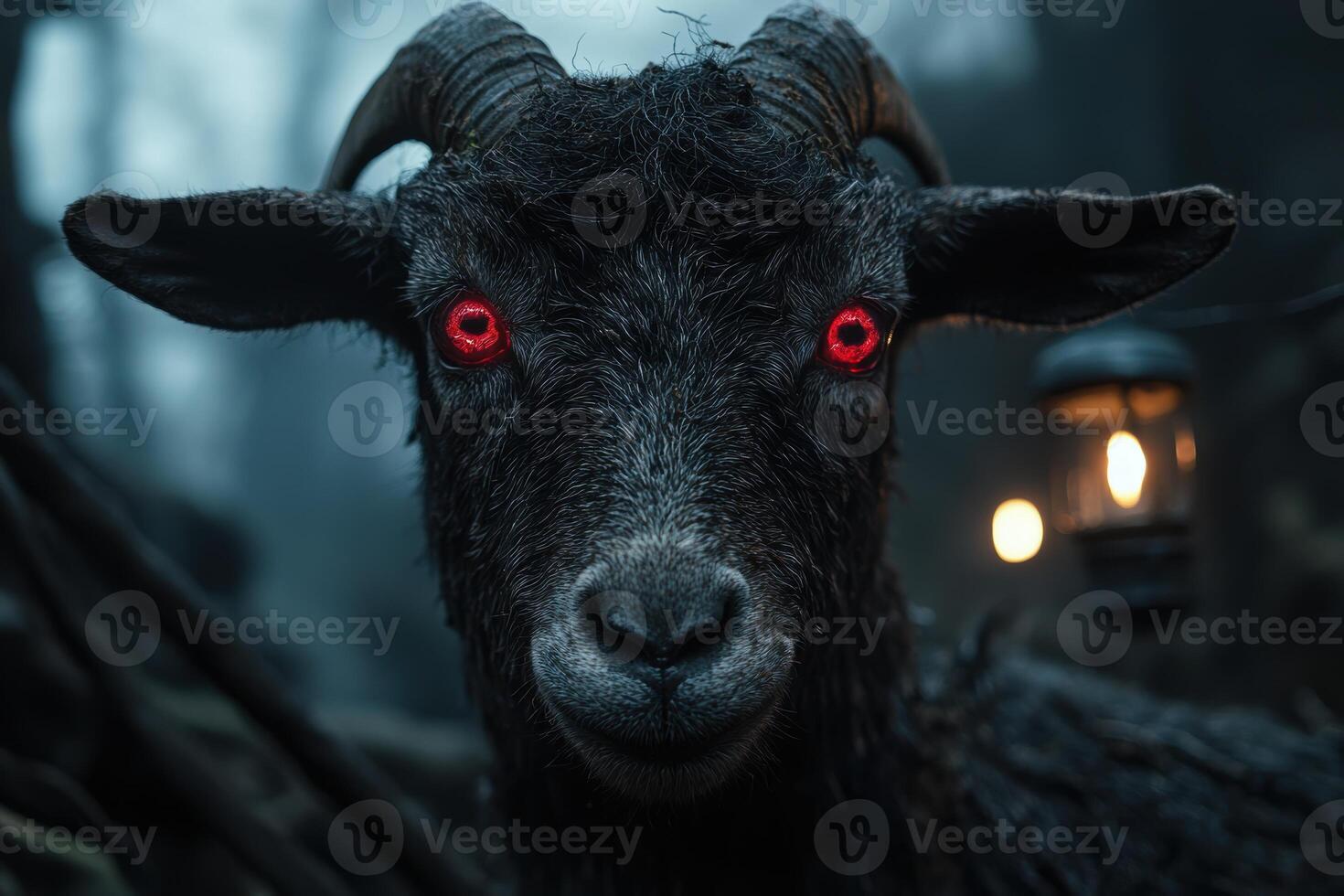 Close up of a black goat with red eyes in a dark, moody setting photo