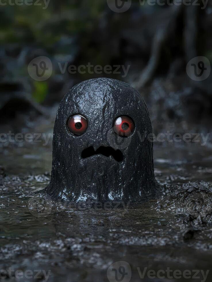 Mysterious black creature with glowing red eyes in dark forest photo