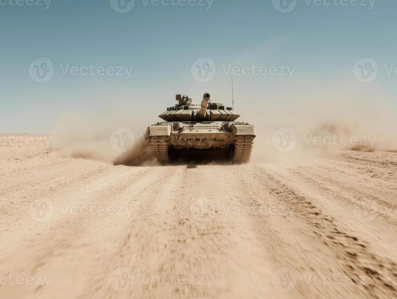 military tank speeding through desert photo