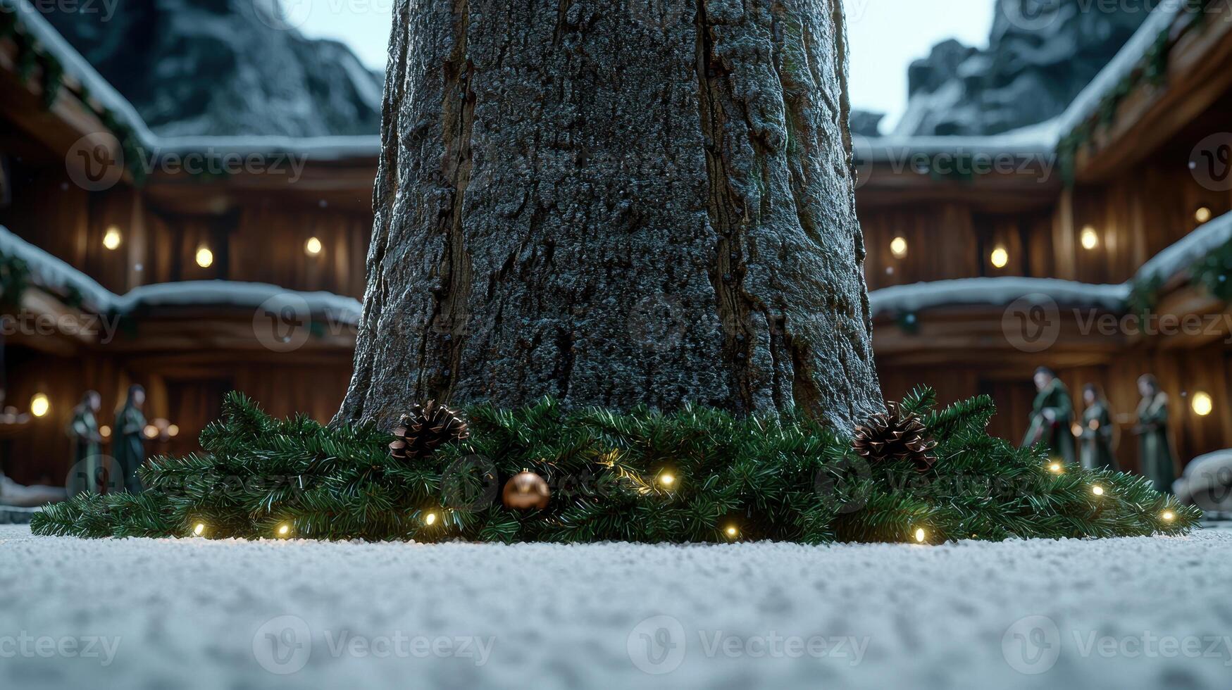 cozy winter scene with decorated tree trunk photo