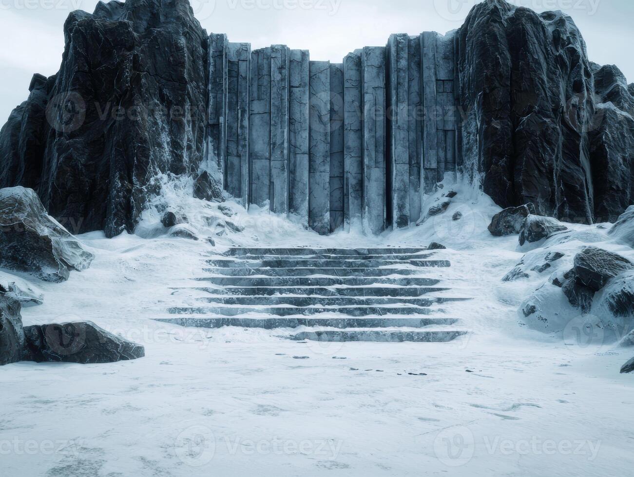 Frozen staircase leading to majestic rock formation photo