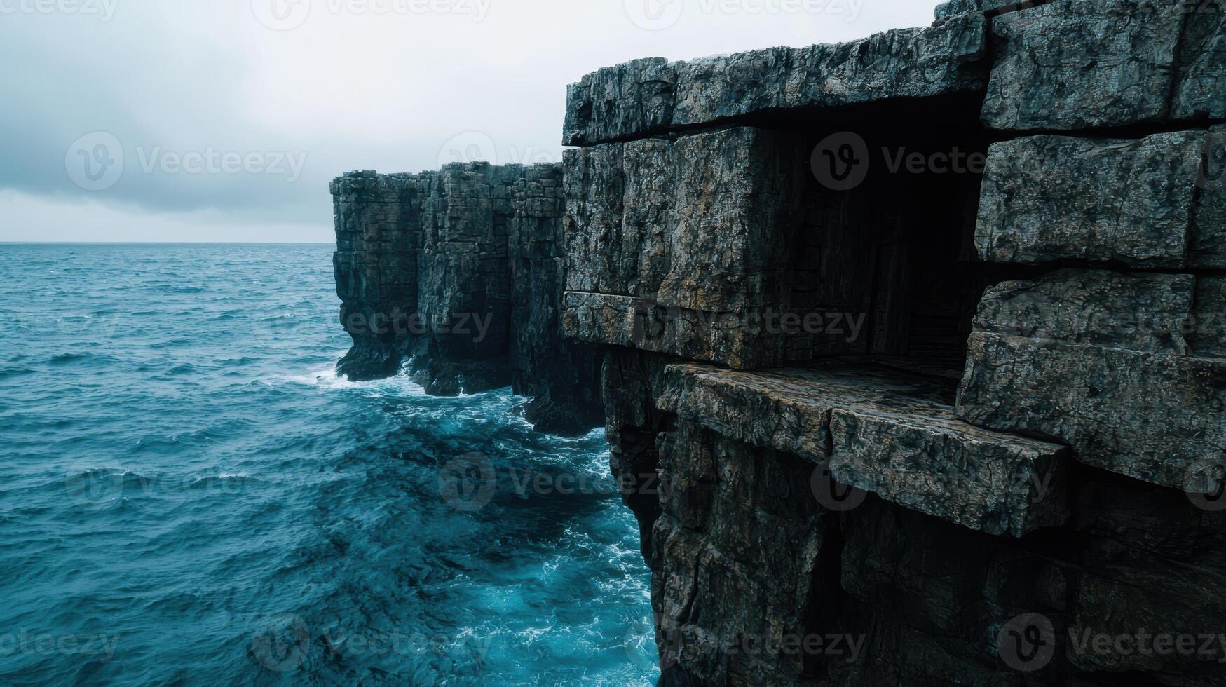 Dramatic rocky coastline with crashing waves photo
