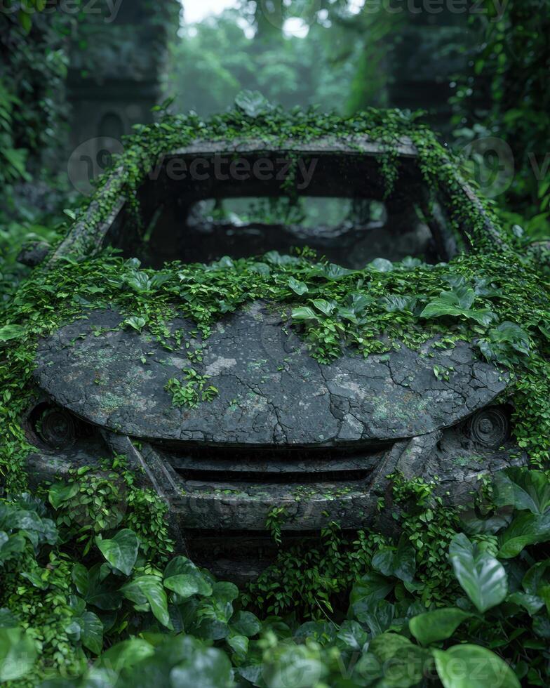 Abandoned car overgrown with lush vegetation photo