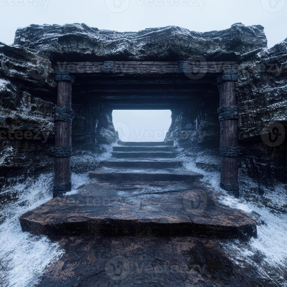 Frozen mountain passage with wooden stairs photo