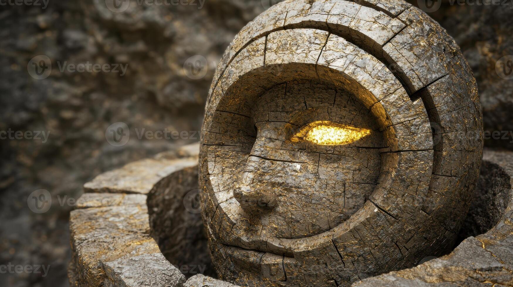 Cracked wooden sphere with glowing eye photo
