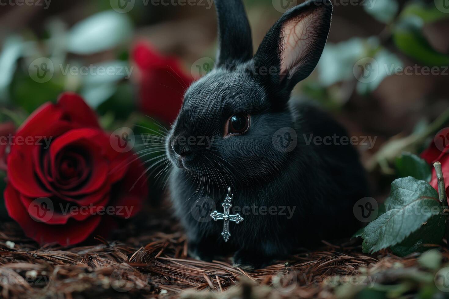 Adorable black rabbit with cross necklace in rose garden photo